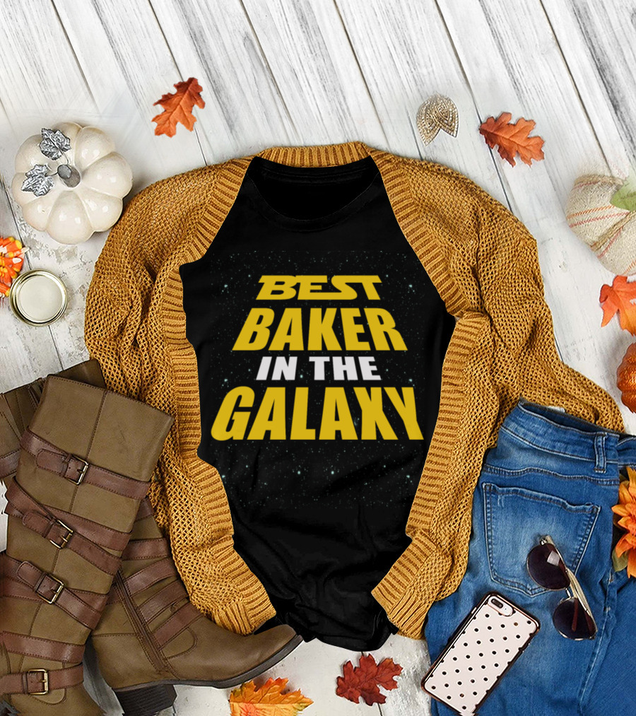 Best Baker in the Galaxy Star Wars Style Text on Space Background T-Shirt