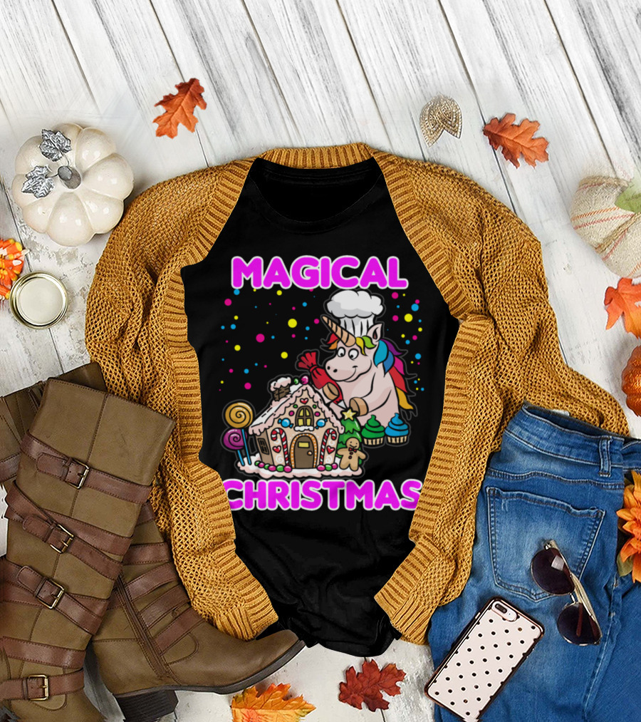 Magical Christmas Unicorn Gingerbread House Chef Fantasy T-Shirt