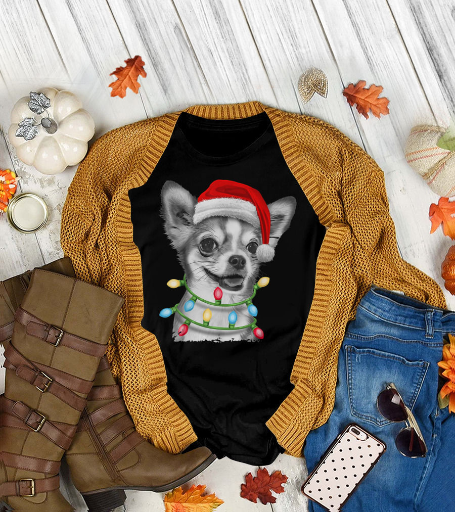 Chihuahua Santa Claus with Christmas Tree Lights T-Shirt