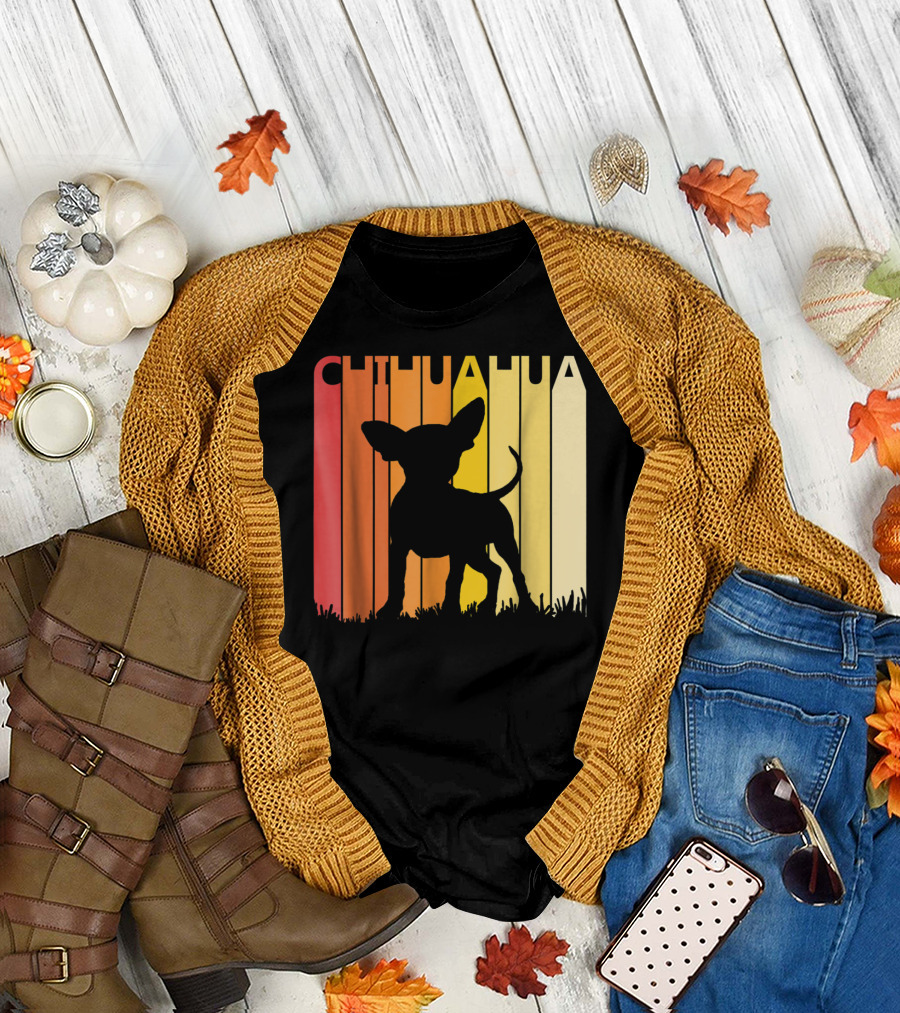 Retro Chihuahua Dog Silhouette on Colorful Stripes T-Shirt