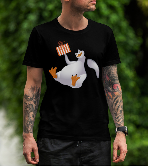 Penguin Holding Striped Gift Box With Bow T-Shirt