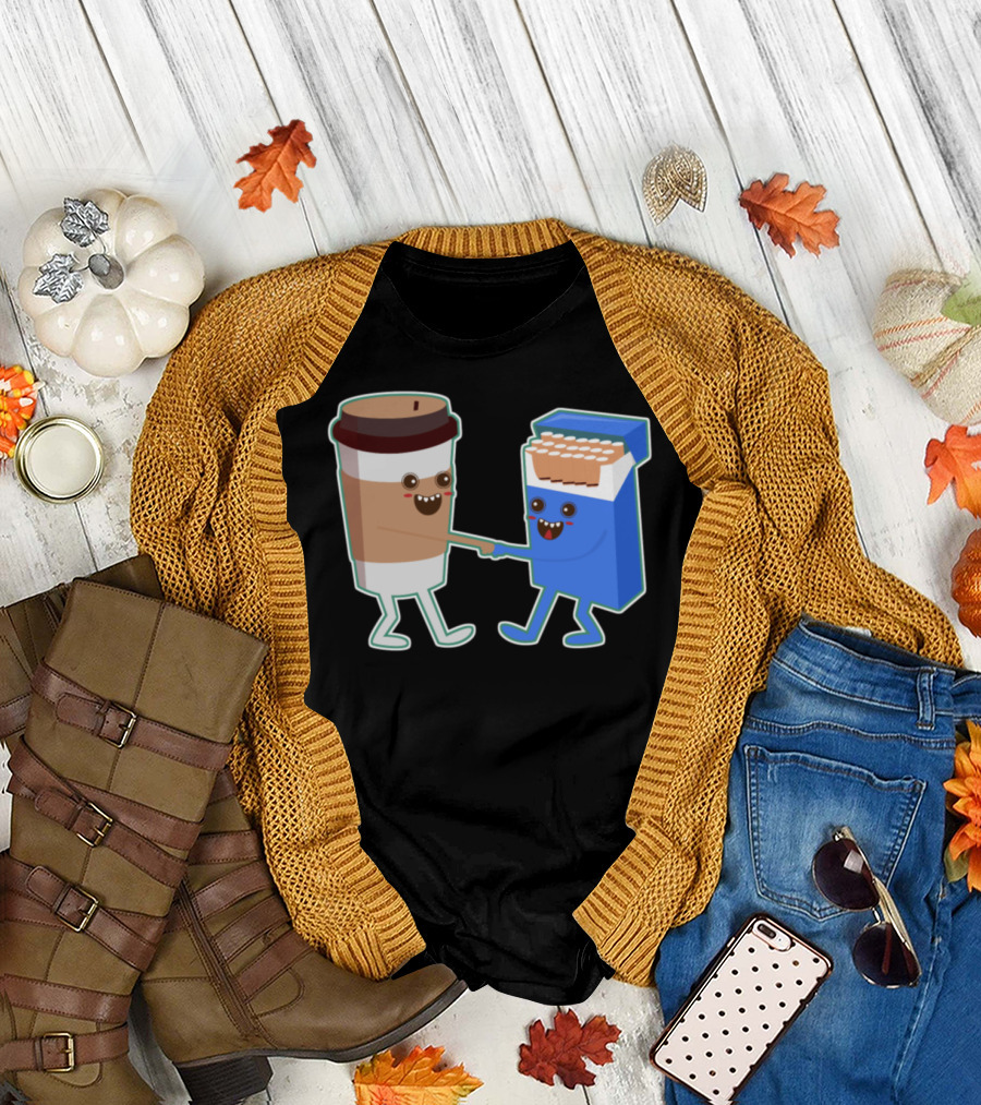 Coffee Cigarettes Tilting Friendship Café Vibe Quirky Stickers T-Shirt