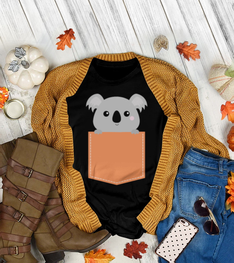 Baby Koala Bear Adorably Peeking from Pocket T-Shirt