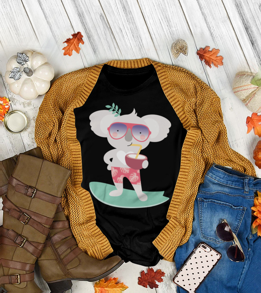 Cool Koala Surfing in Sunglasses with Tropical Drink T-Shirt