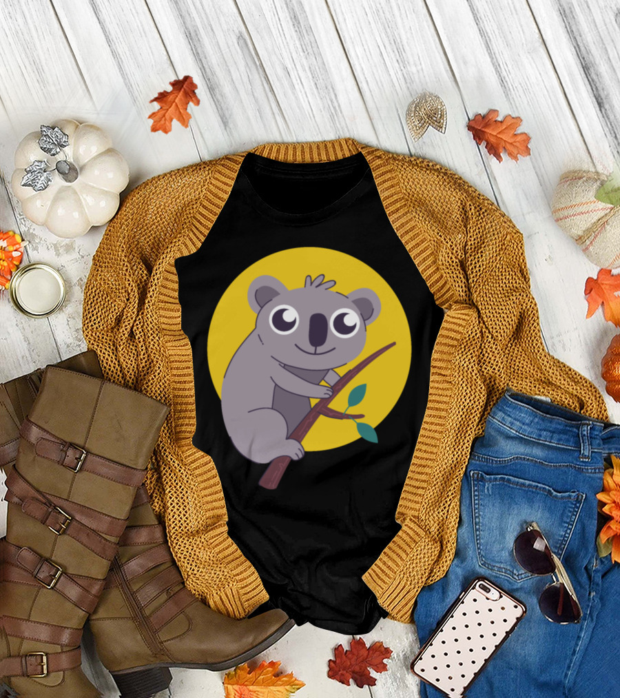 Cute Koala On A Branch with Yellow Circle Background T-Shirt