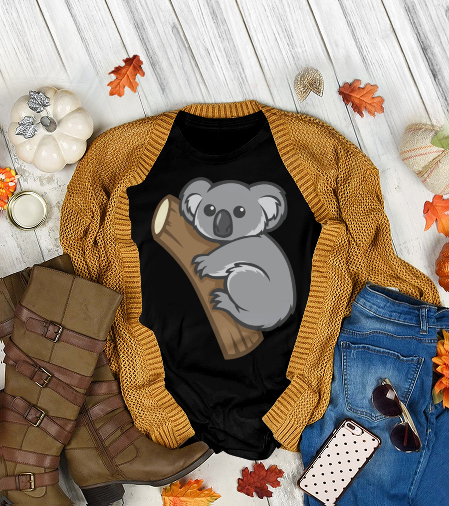 Funny Cartoon Koala Hugging A Tree Branch T-Shirt