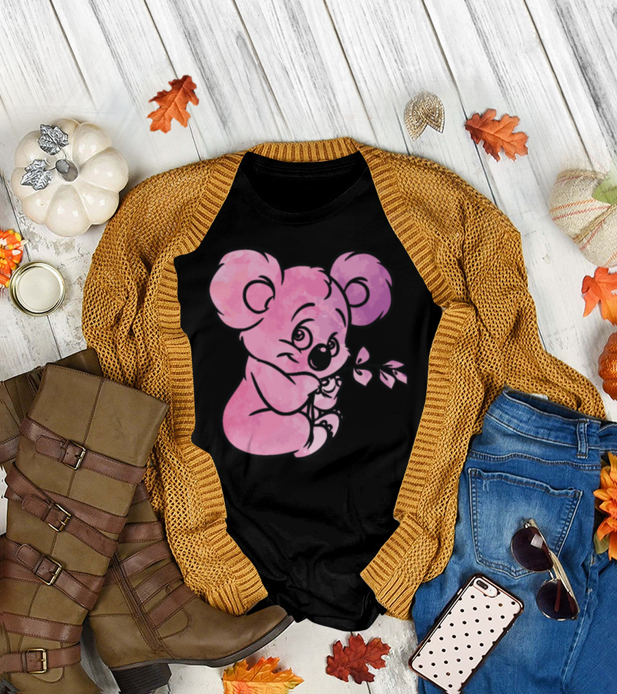Adorable Pink Koala Holding Leaf with Watercolor Effect T-Shirt