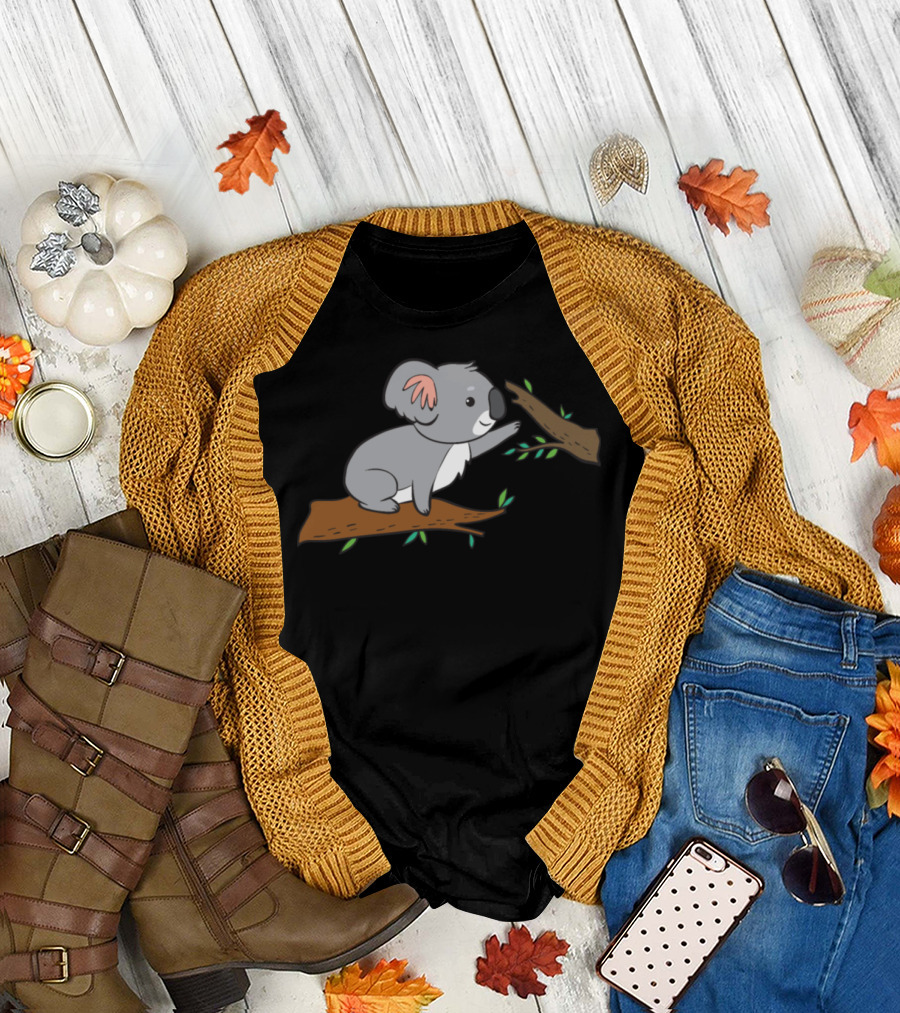 Koala Sitting on Branch with Leaves T-Shirt