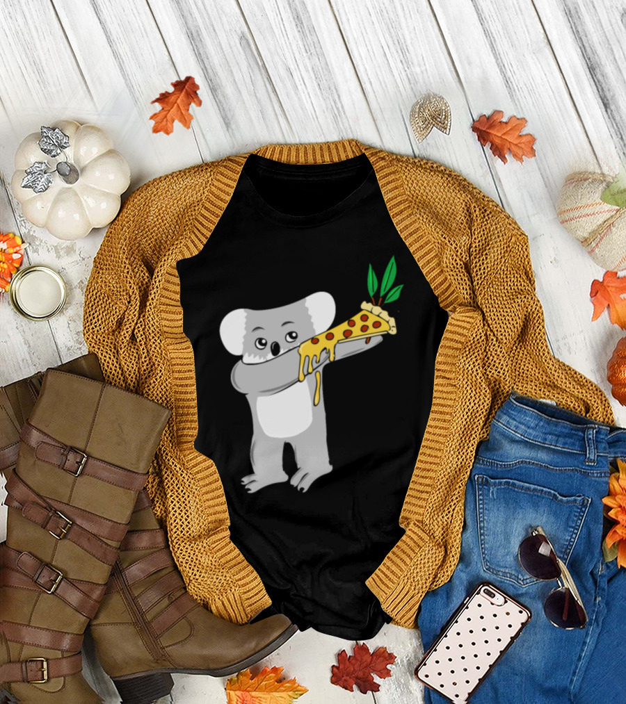 Koala Holding Cheese Dripping Pizza Slice with Eucalyptus Leaves T-Shirt