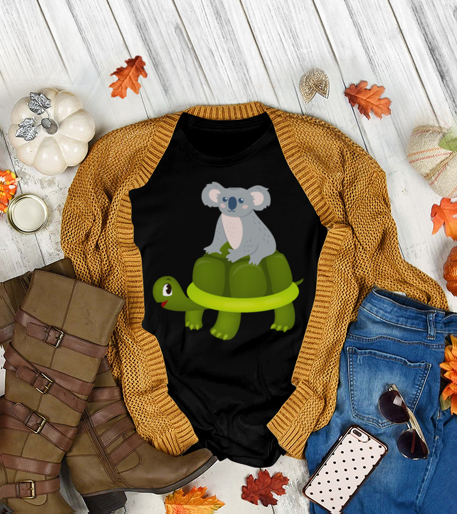 Koala Riding Turtle ikohc Happy Animal Friends Adventure T-Shirt