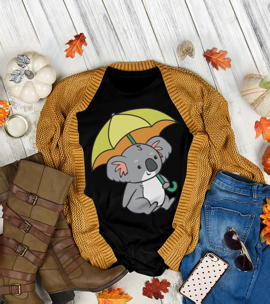Koala Holding Bright Yellow and Orange Umbrella T-Shirt
