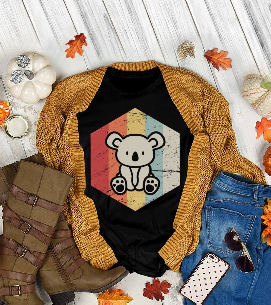 Retro 70s Koala Vintage Stripes Hexagon T-Shirt