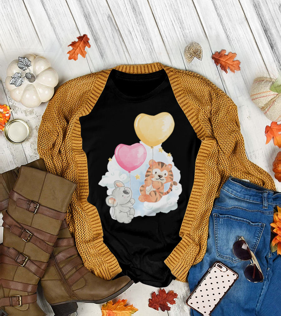 Tiger and Koala Floating with Heart Balloons in the Clouds T-Shirt