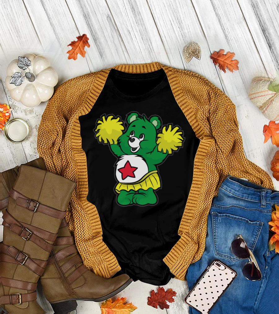 Cheerleader Teddy Green Bear with Red Star Pom Pom Dancing T-Shirt