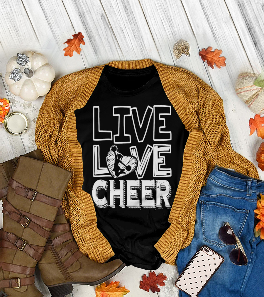Live Love Cheer Cheerleading Pom Poms Heart T-Shirt