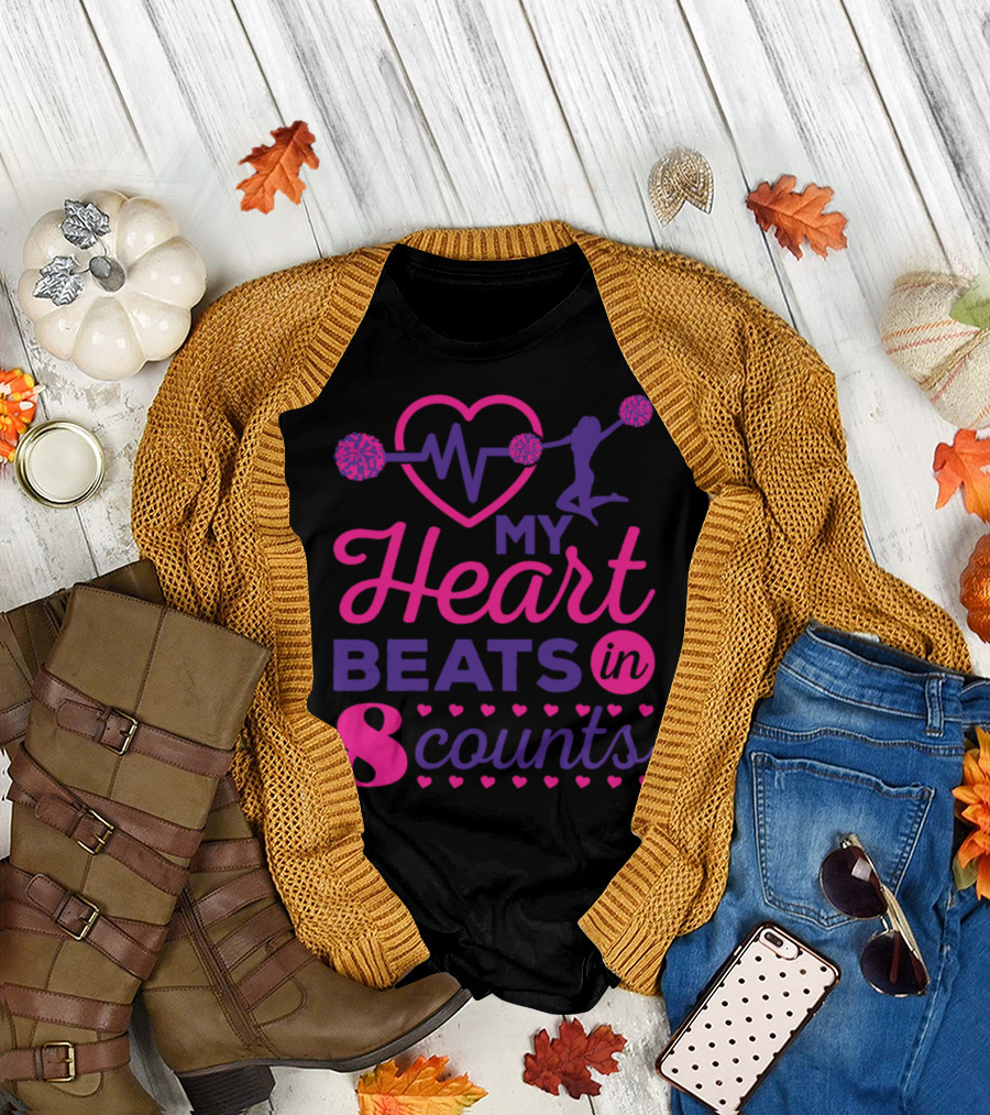 My Heart Beats in 8 Counts Cheerleading Pompoms and Heartbeat T-Shirt