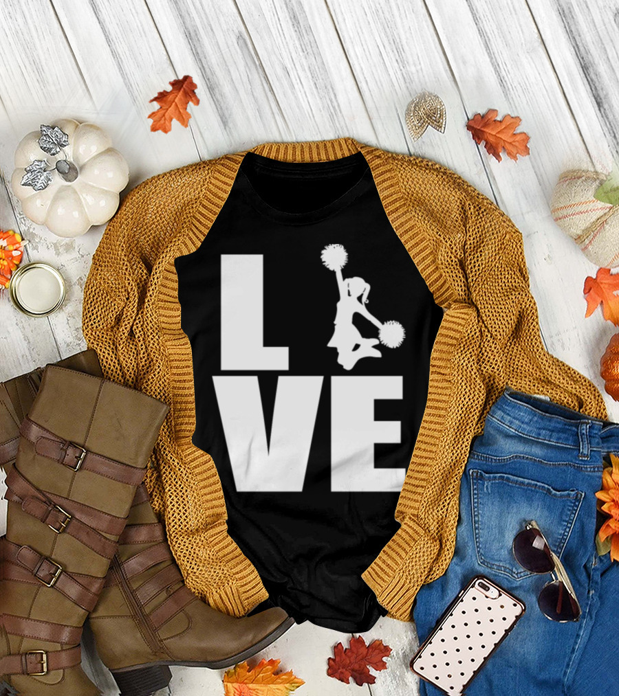 LOVE Cheerleading Pom Pom Enthusiast Spirit T-Shirt