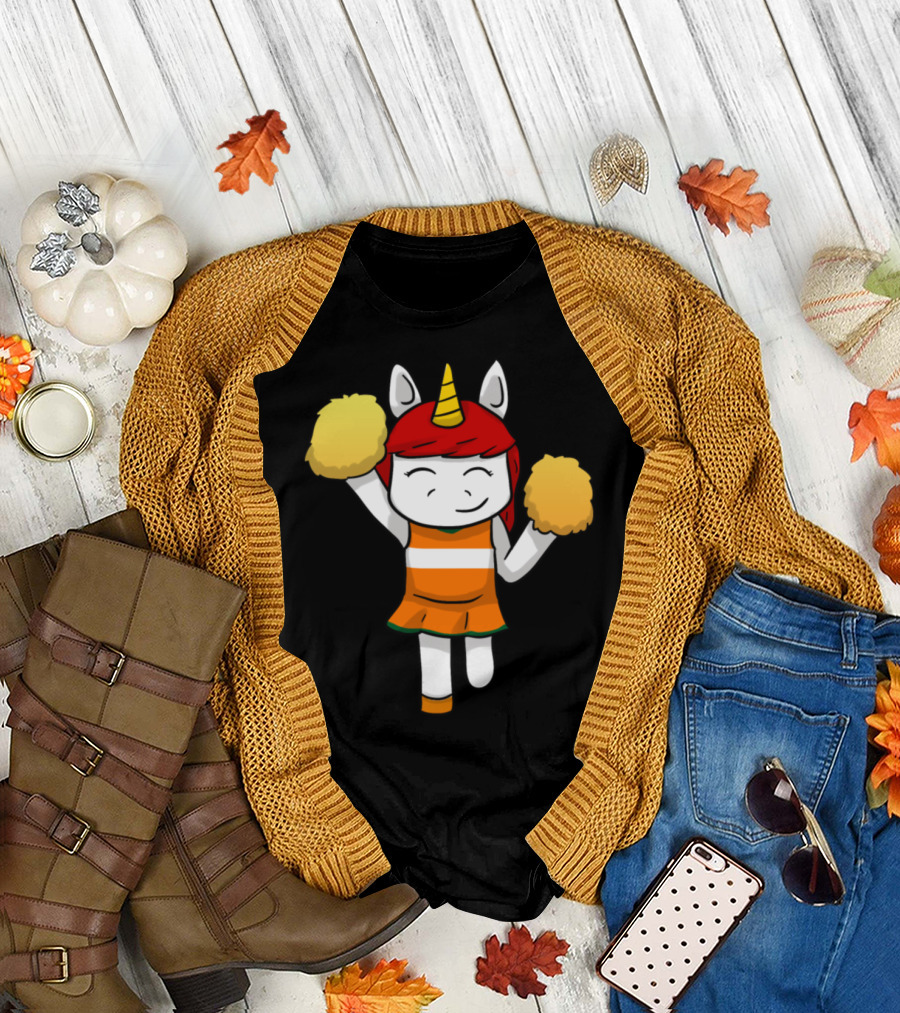 Unicorn Cheerleader with Orange and Yellow Pom-Poms T-Shirt