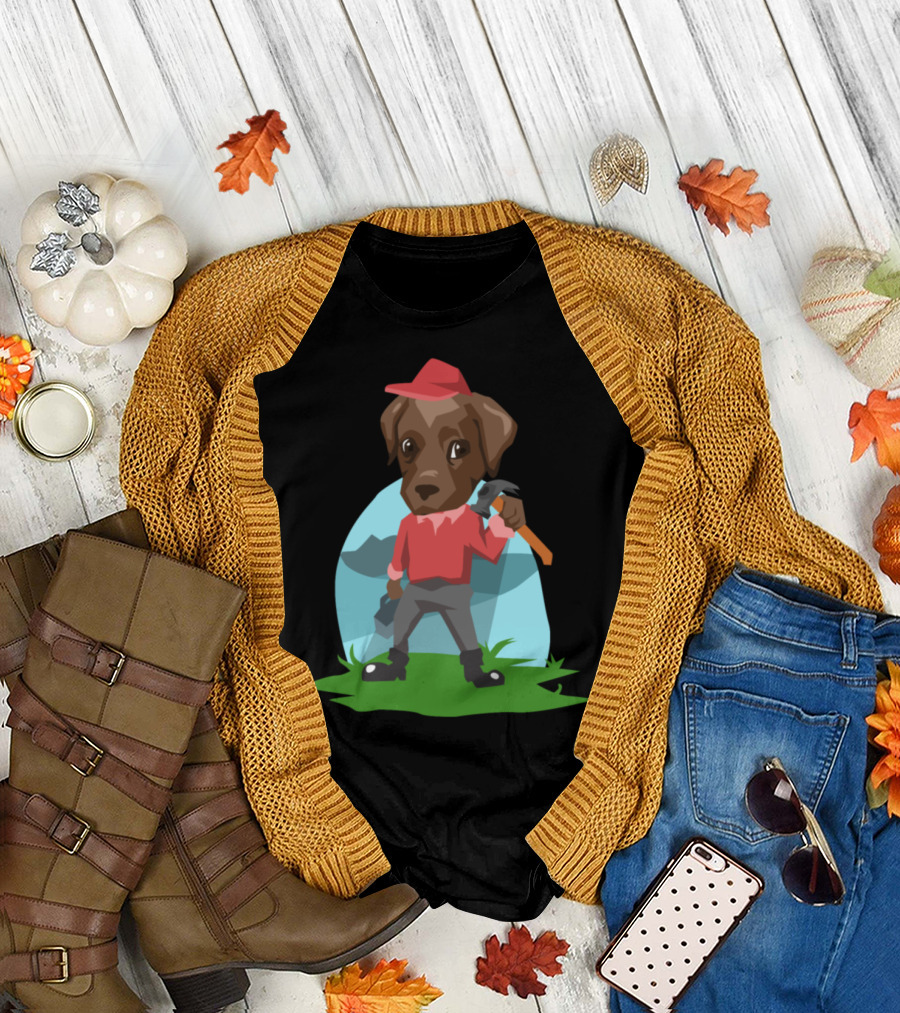 Dog Carpenters Hammer Holding Brown Dog in Red Hat T-Shirt