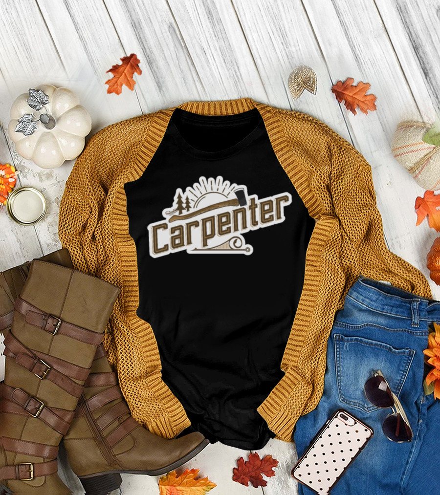 Carpenter Sunrise Axe Logo with Saw and Trees T-Shirt