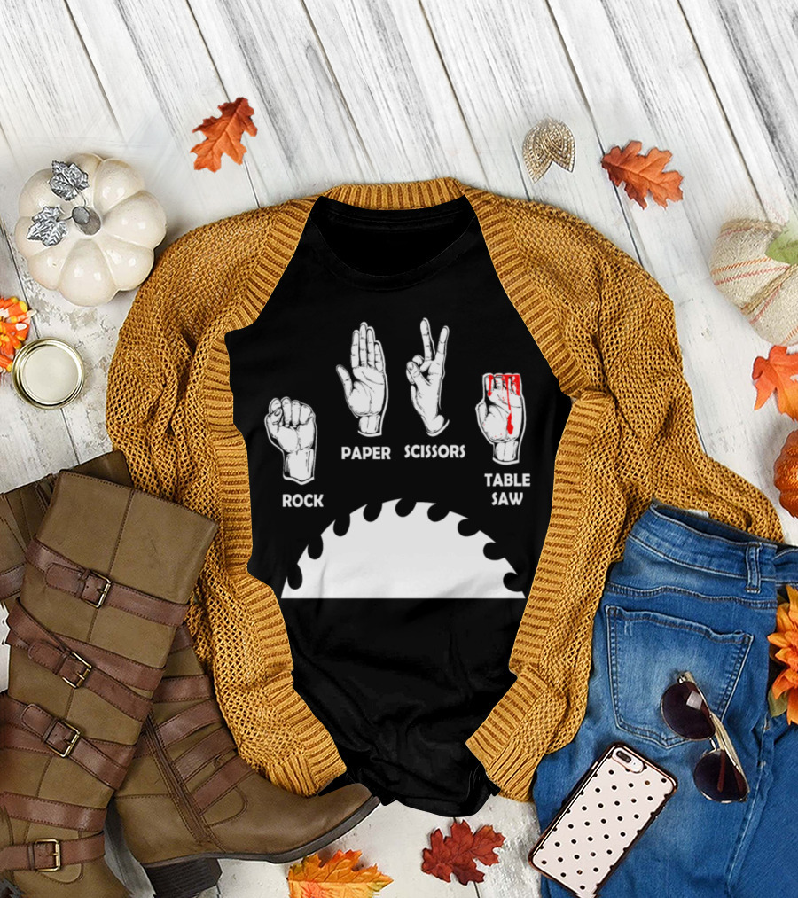 Rock Paper Scissors Hand Gestures with Bloody Table Saw Blade T-Shirt