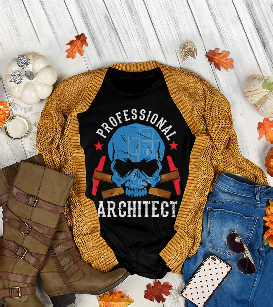 PROFESSIONAL ARCHITECT Skull Blueprint with Red Stars and Hammers T-Shirt