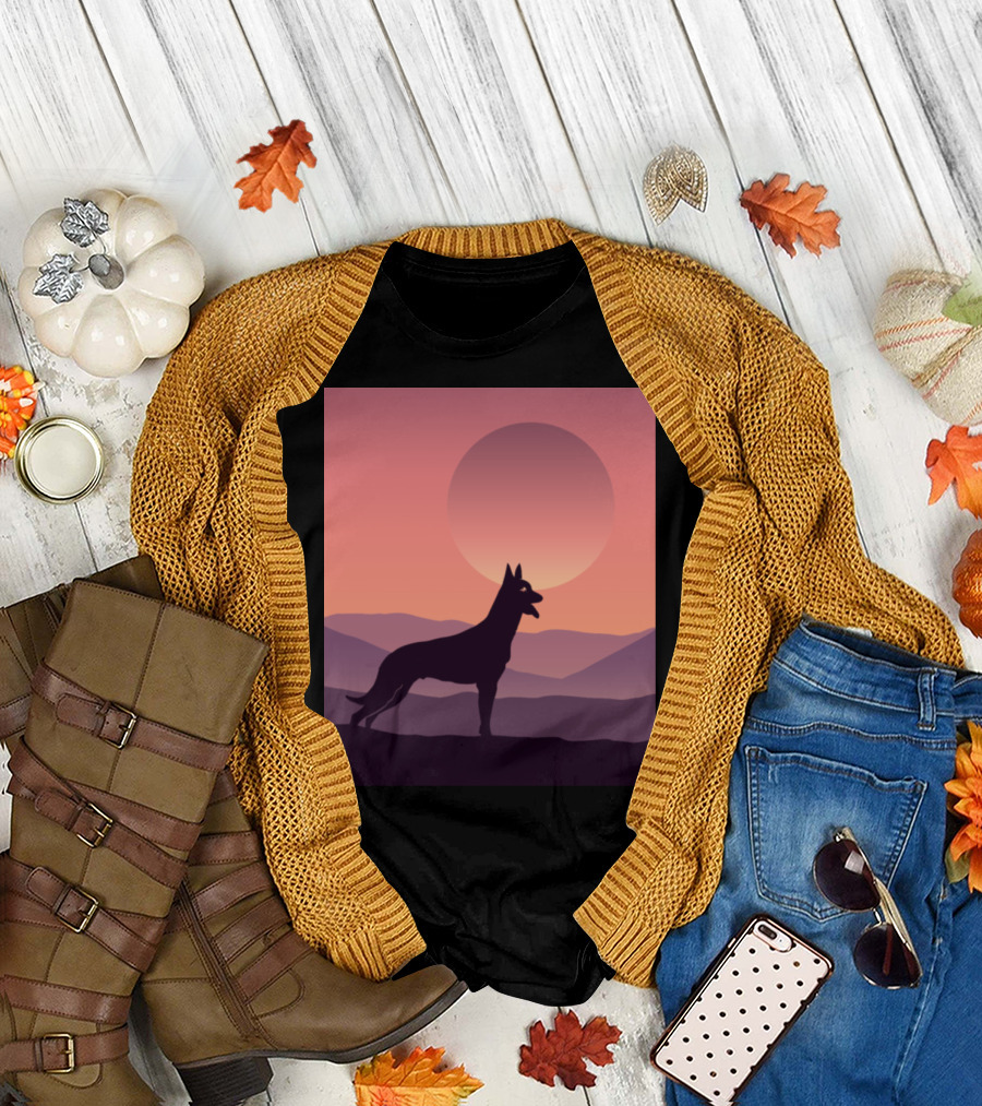 Belgian Malinois Silhouette Sunset Scene T-Shirt