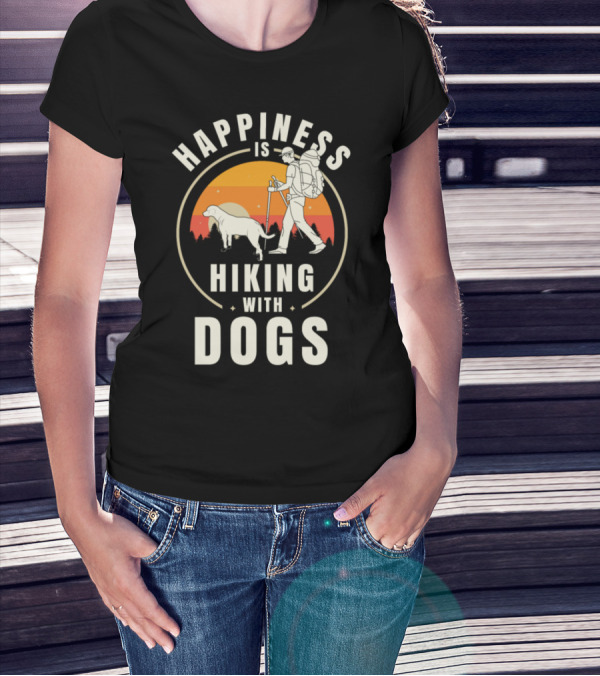 Happiness Is Hiking With Dogs Vintage Sunset Adventure T-Shirt