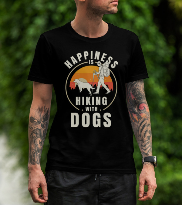 Happiness Is Hiking With Dogs Vintage Sunset Adventure T-Shirt