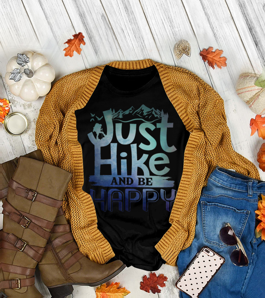 Just Hike And Be Happy Mountain Scene Basics T-Shirt