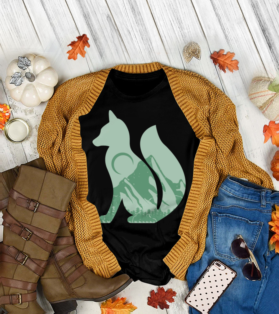 Fox Silhouette with Mountain and Forest in Green for Outdoor Lovers T-Shirt