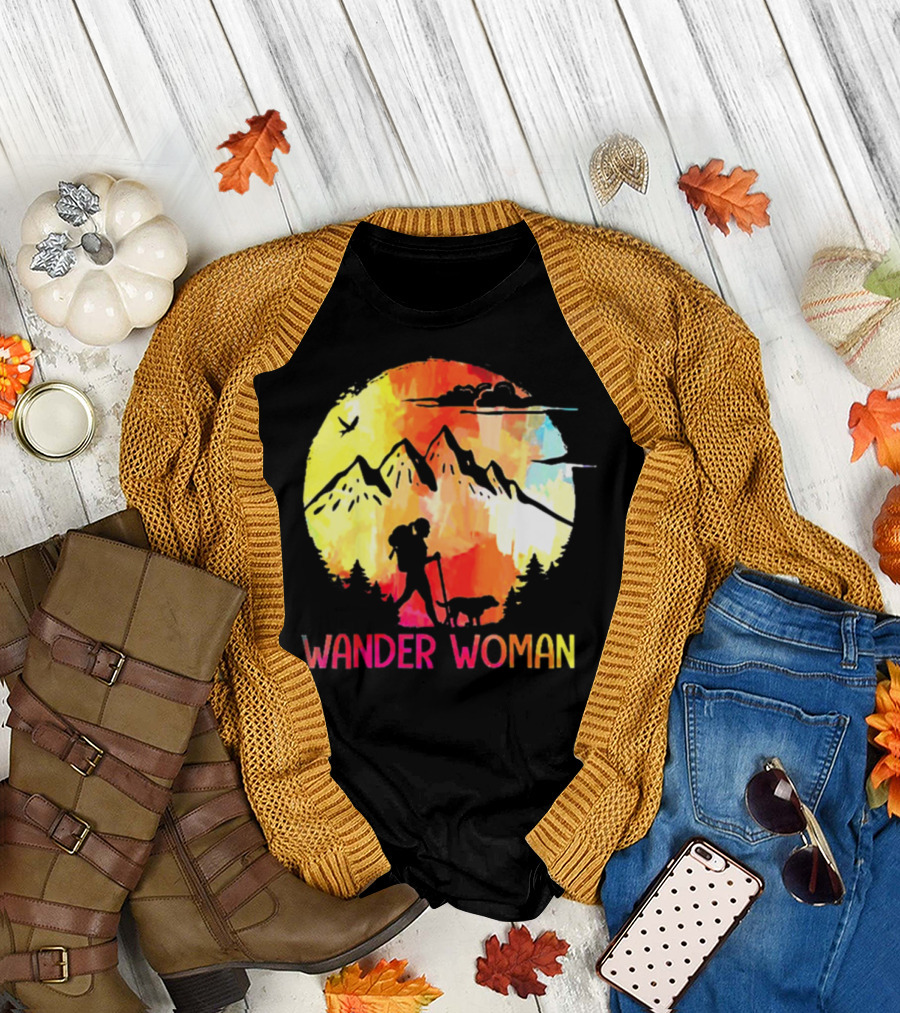 Wander Woman Hiking With Dog Colorful Mountain Moon T-Shirt
