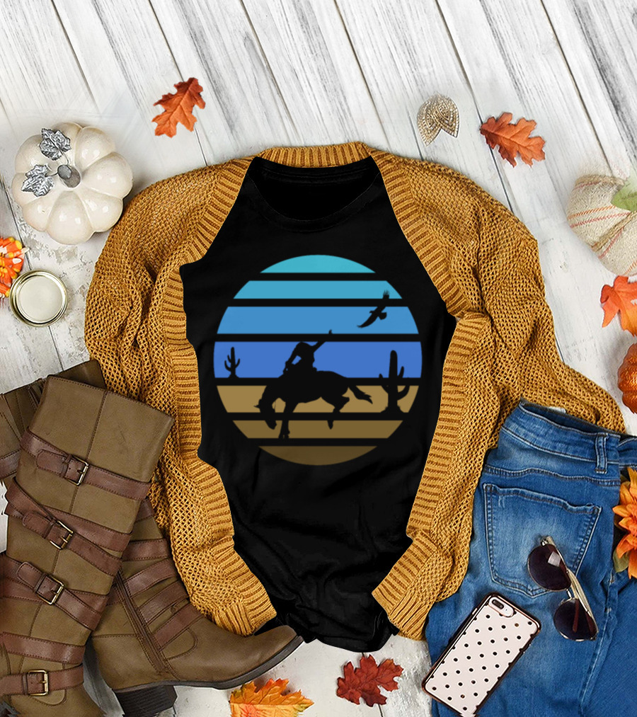 Circle Cowboy Sunset with Horse Cactus and Flying Bird T-Shirt