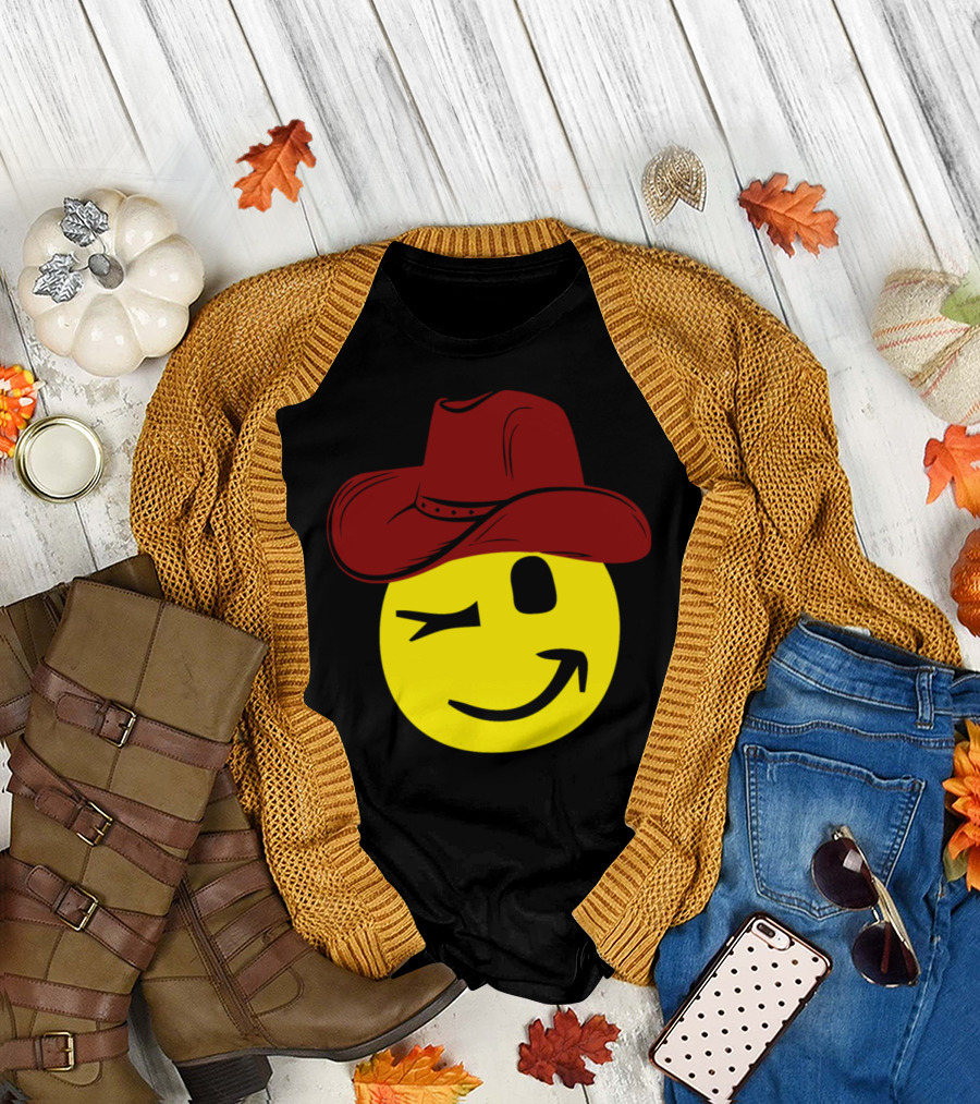 Comic Cowboy Winking Smiley Face with Red Hat T-Shirt