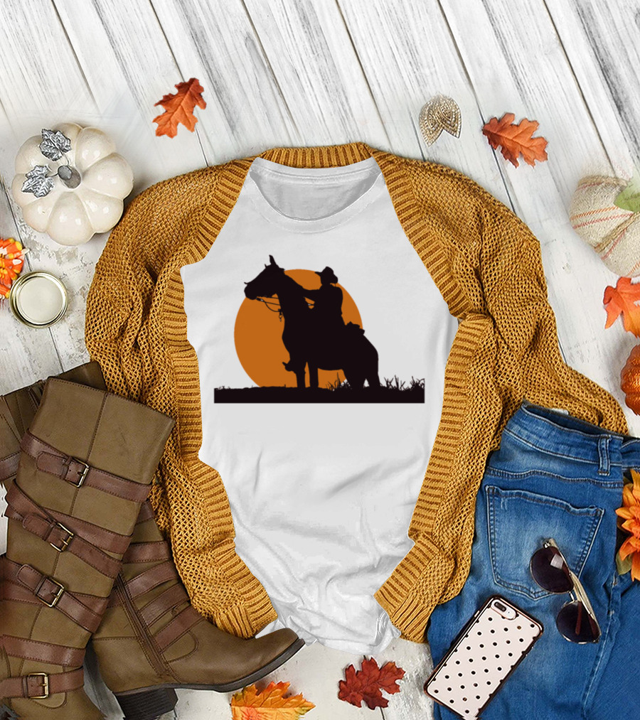 Cowboy Horse Riding Silhouette Against Orange Sunset T-Shirt