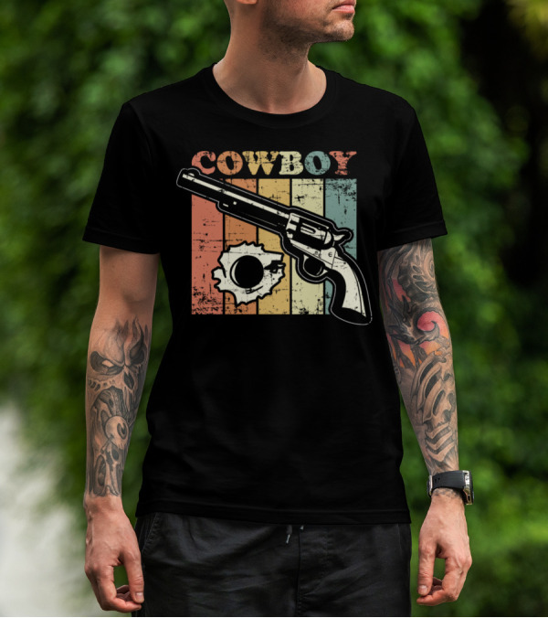 Cowboy Revolver Vintage Pistol With Colorful Stripes And Bullet Hole T-Shirt