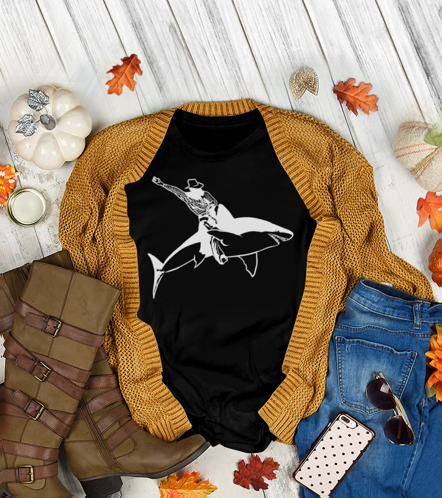 Cowboy Riding A Shark Funny Animal Party Wild Adventure Showdown T-Shirt