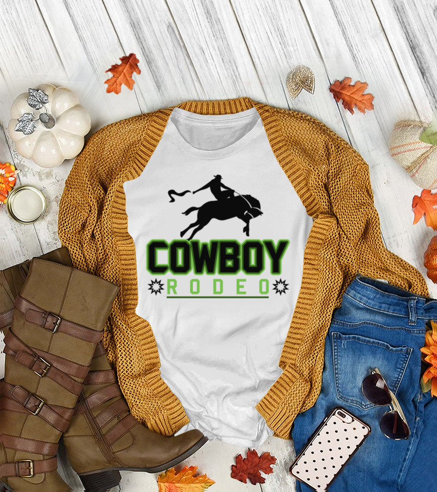 Cowboy Rodeo Rider Horsefoozy Silhouette and Neon Green Accents T-Shirt