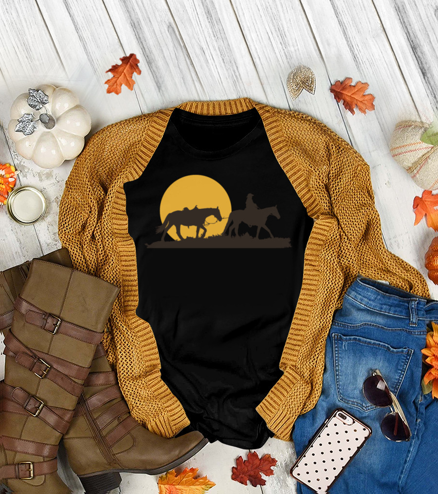 Lone Cowboy Rancher Riding Horses Western Sunset T-Shirt