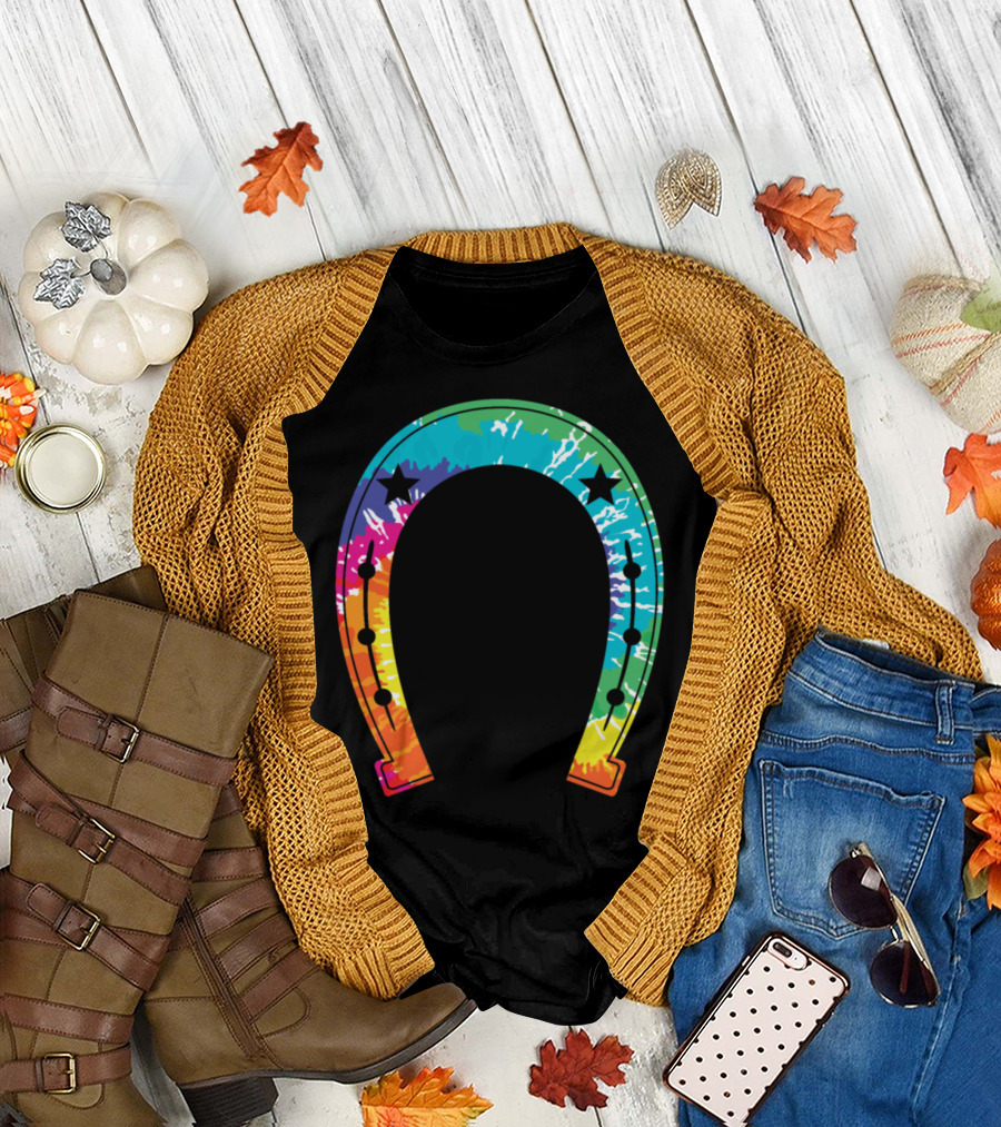 Rainbow Tie-Dye Horseshoe with Stars T-Shirt
