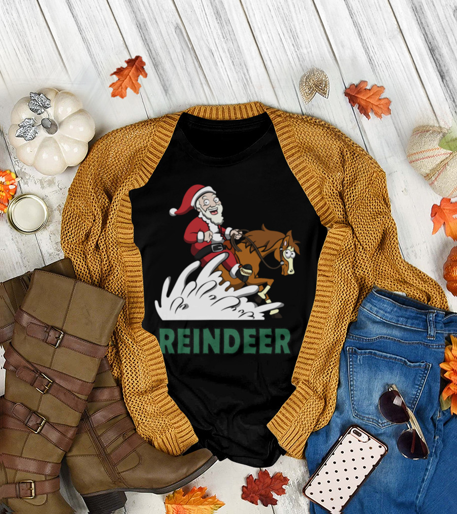 Santa Riding Reindeer in Western Style Scene T-Shirt
