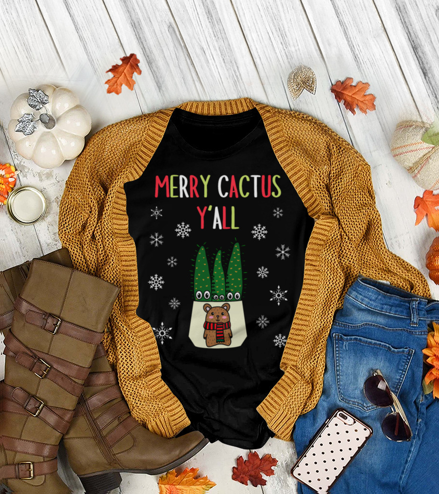 Merry Cactus Y'All Bear Cacti Snowflakes T-Shirt