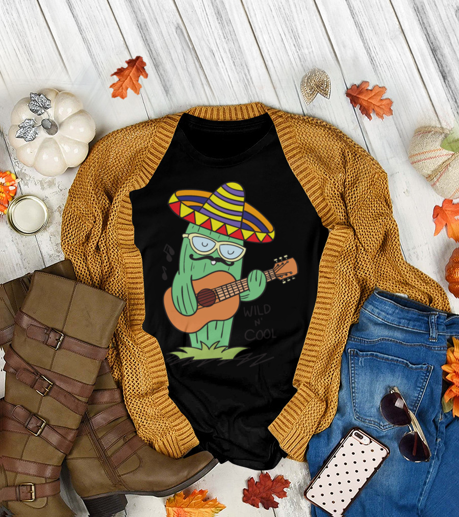 Wild n' Cool Mexican Cactus with Sombrero and Guitar T-Shirt