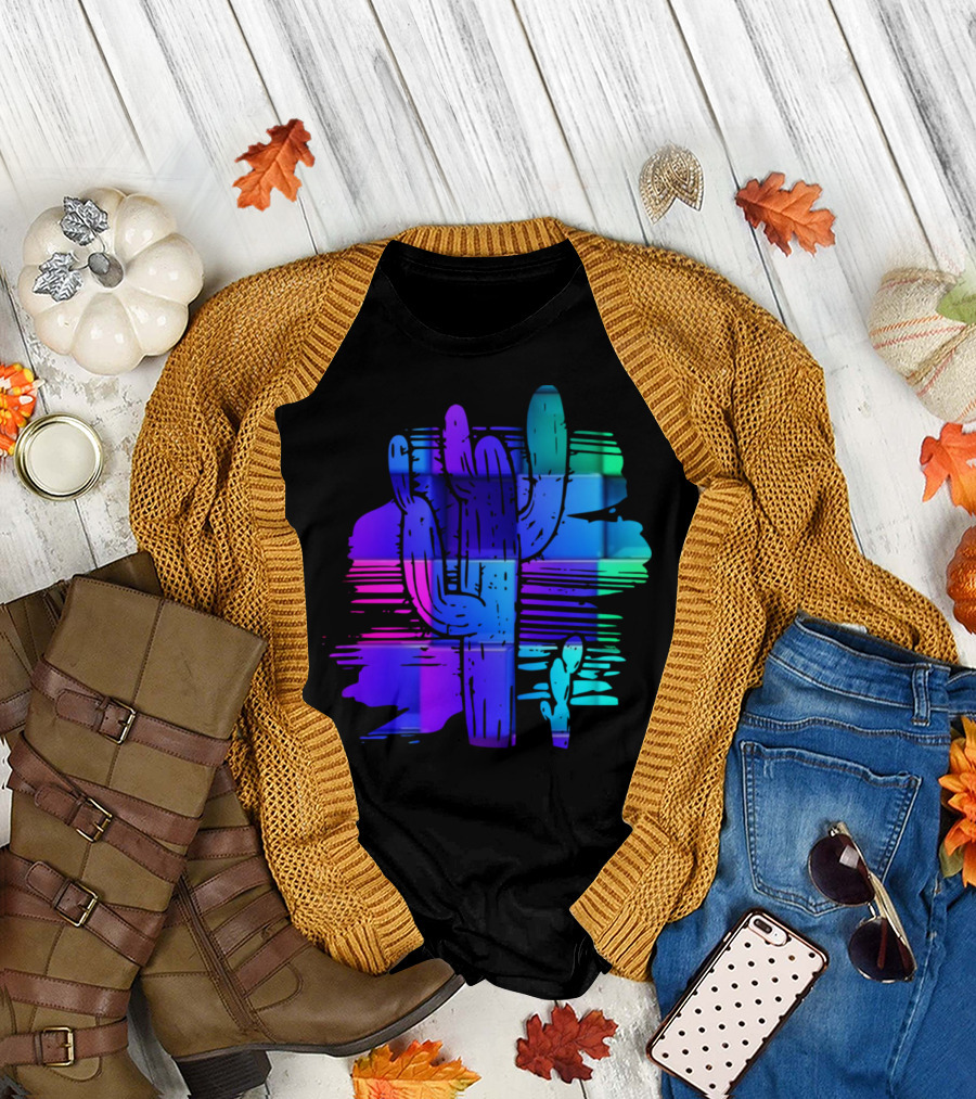 Trending Funny Cactus Motif Neon Gradient Desert Scene T-Shirt