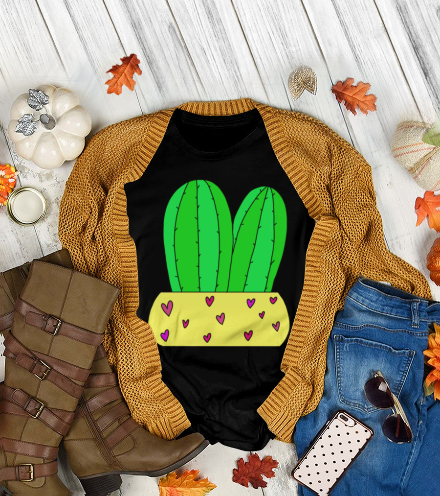 2 Cacti in Love with Hearts in Yellow Pot T-Shirt