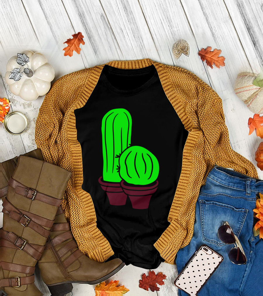 2 Kakten Flowerpot Small Green Cactus Balcony Cartoon Duo T-Shirt