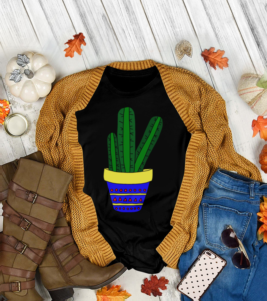 3 Simple Cacti in Colorful Pot with Geometric T-Shirt