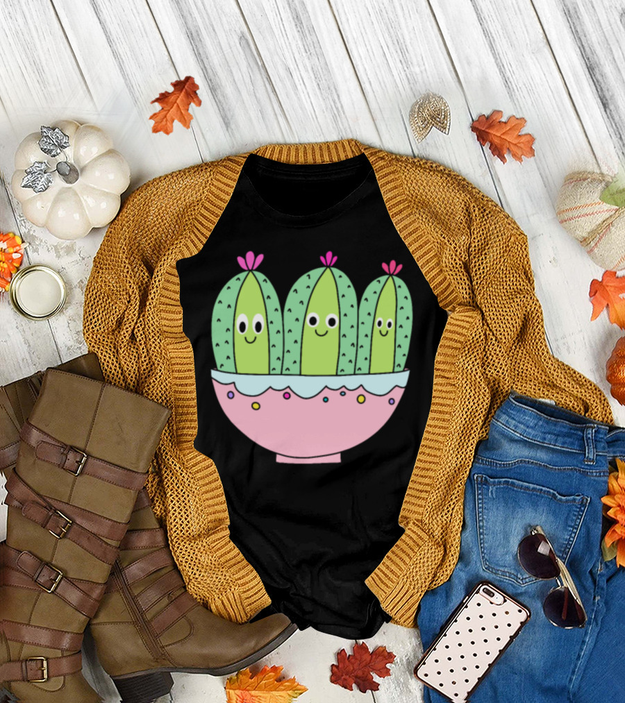 3 Cute Cactus Characters in Decorative Pot T-Shirt