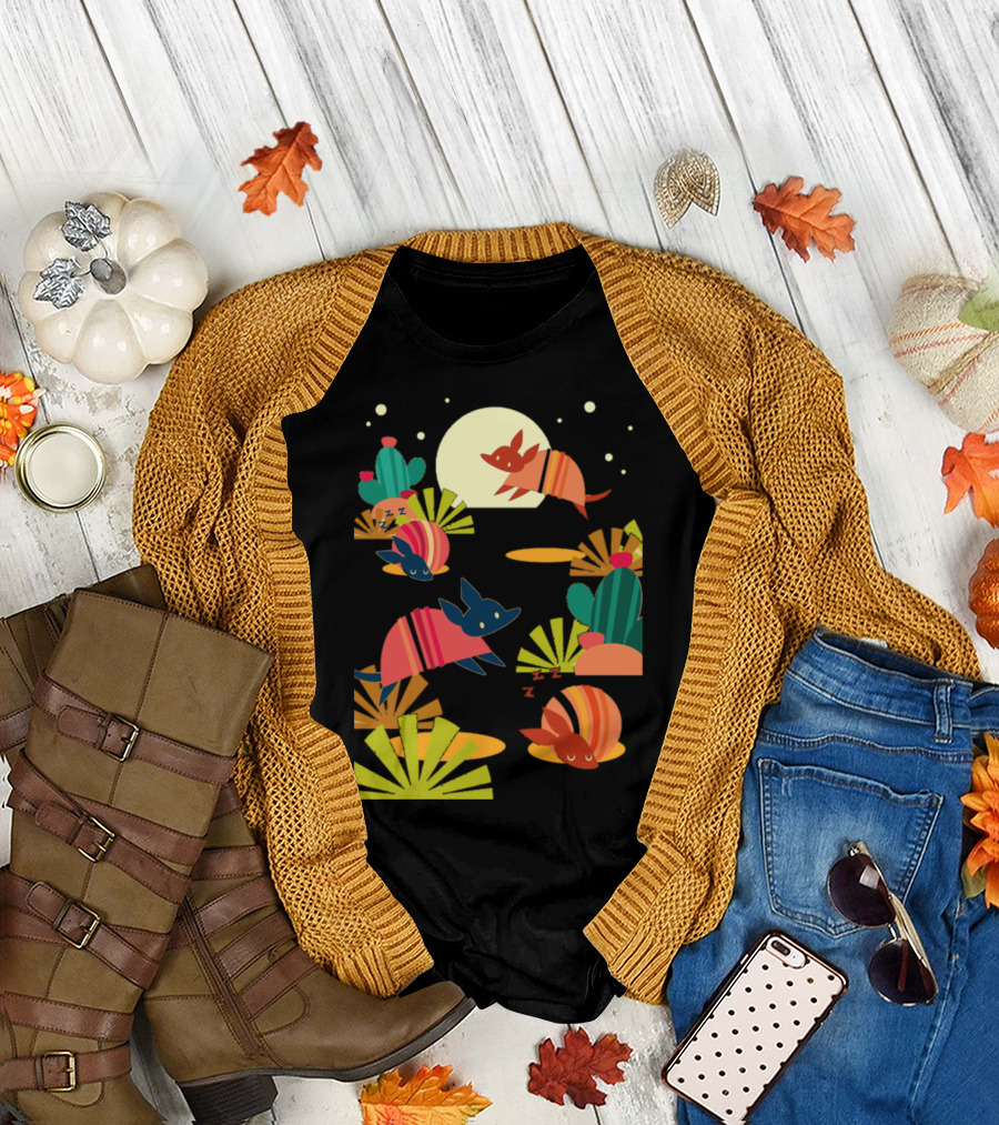 Armadillo Sand Nighttime Desert Scene with Bright Cacti and Moon T-Shirt