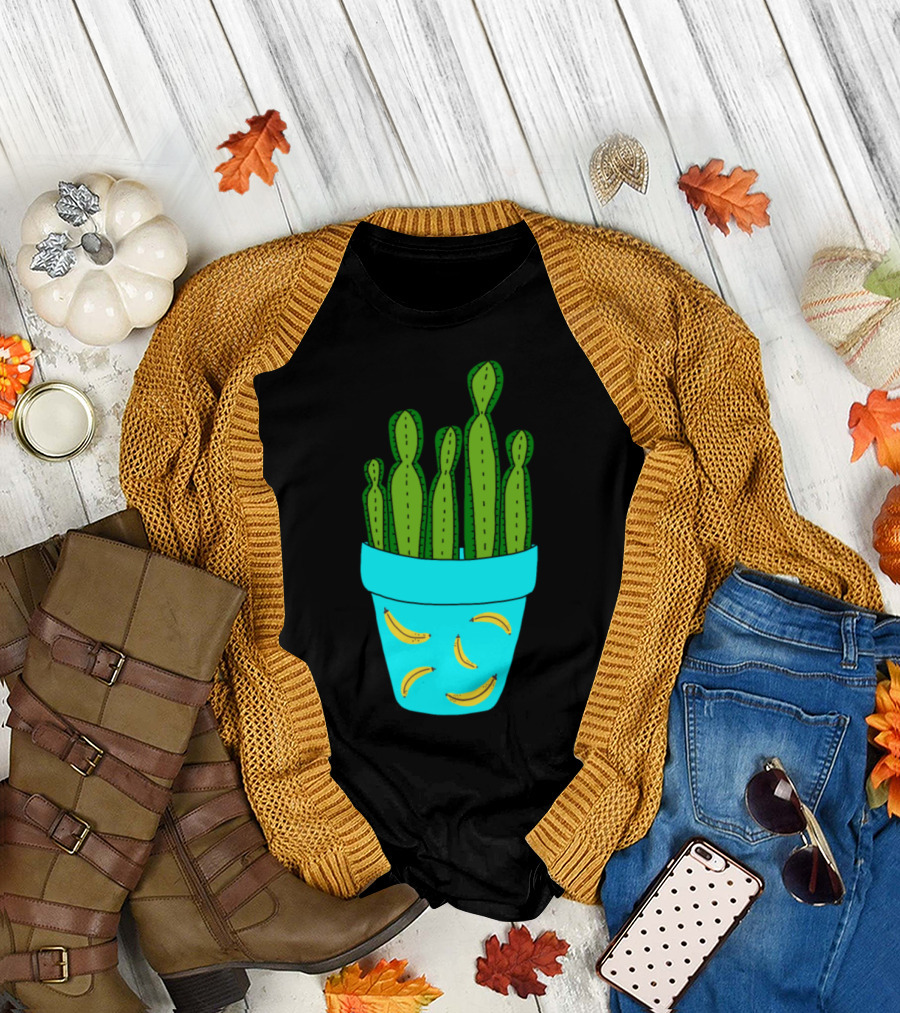 Banana Patterned Pot with Tall Green Cactus T-Shirt